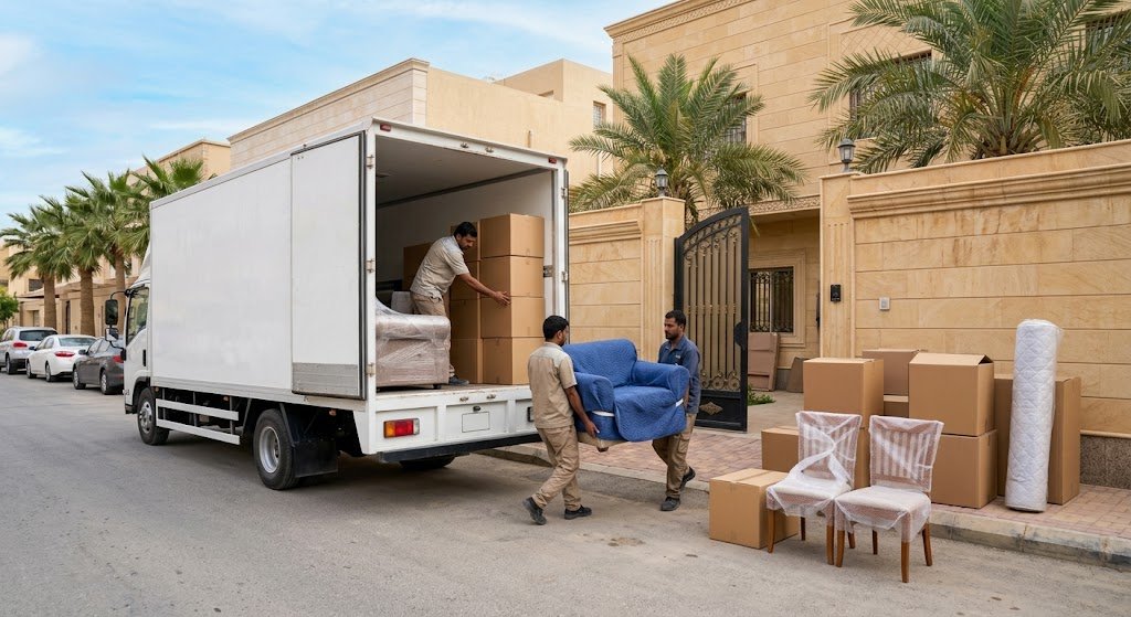 فريق عمل محترف يقوم بفك وتغليف وتحميل الأثاث المنزلي والمكتبي بعناية تامة داخل شاحنات نقل مجهزة ومغلقة ضمن أعمال نقل عفش الحزم بالرياض لضمان حماية المقتنيات من الخدوش والكسور أثناء عملية النقل