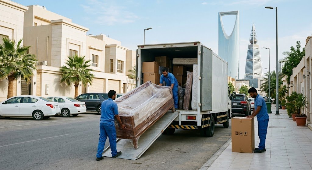 فريق عمل محترف يقوم بتغليف وتحميل الأثاث المنزلي بعناية داخل سيارات مغلقة ومجهزة ضمن أعمال نقل عفش العقيق بالرياض لضمان حماية المنقولات من الخدوش والكسور أثناء النقل