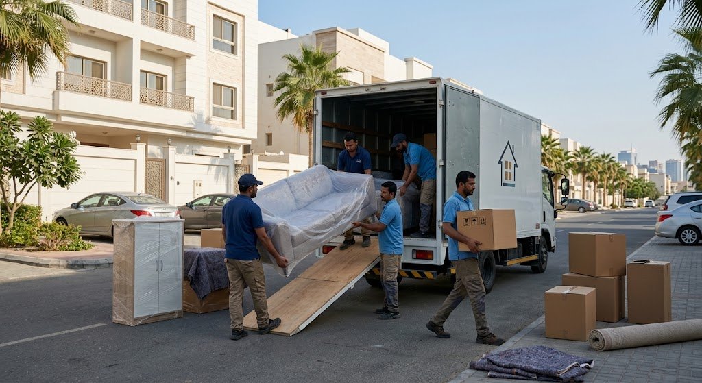 فريق متخصص يقوم بفك وتغليف ونقل العفش بأمان واحترافية ضمن خدمات نقل عفش حي غرناطة بالرياض