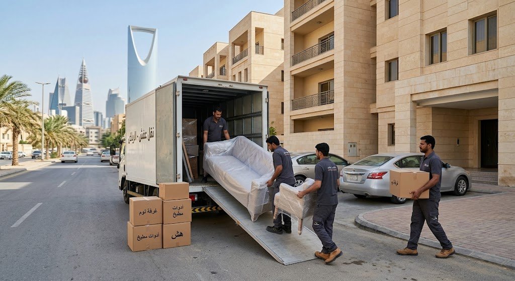 عمال يقومون بتحميل الأثاث ضمن خدمات نقل عفش حي الفاخرية بالرياض