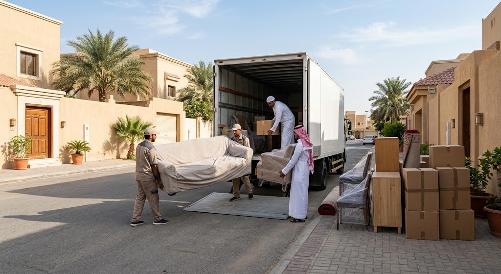 فريق متخصص يقوم بفك وتغليف ونقل الأثاث بأمان ضمن خدمات نقل عفش حي الروضة بالرياض