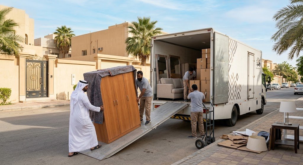 فريق متخصص يقوم بفك وتغليف ونقل الأثاث باحترافية وأمان ضمن خدمات نقل عفش حي النسيم بالرياض