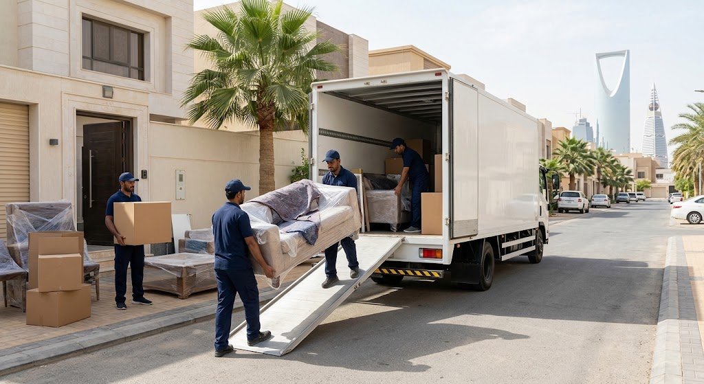 فريق متخصص يقوم بفك وتغليف ونقل العفش بأمان واحترافية ضمن خدمات نقل عفش حي الحمراء بالرياض