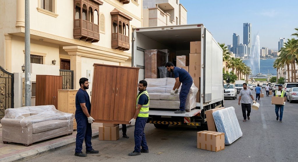 فريق متخصص يقوم بتغليف ونقل الأثاث بأمان ضمن خدمات نقل عفش حي المونسية بالرياض