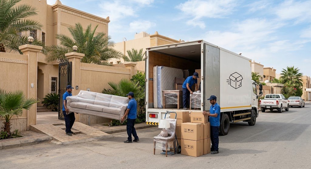 فريق متخصص يقوم بتغليف ونقل الأثاث بأمان ضمن خدمات نقل عفش حي الفلاح بالرياض