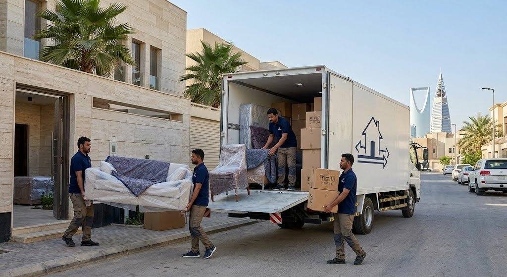 فريق عمل محترف يقوم بفك وتغليف ونقل الأثاث بأمان وعناية ضمن خدمات نقل عفش حي جرير بالرياض لضمان راحة وسلامة ممتلكات العملاء.